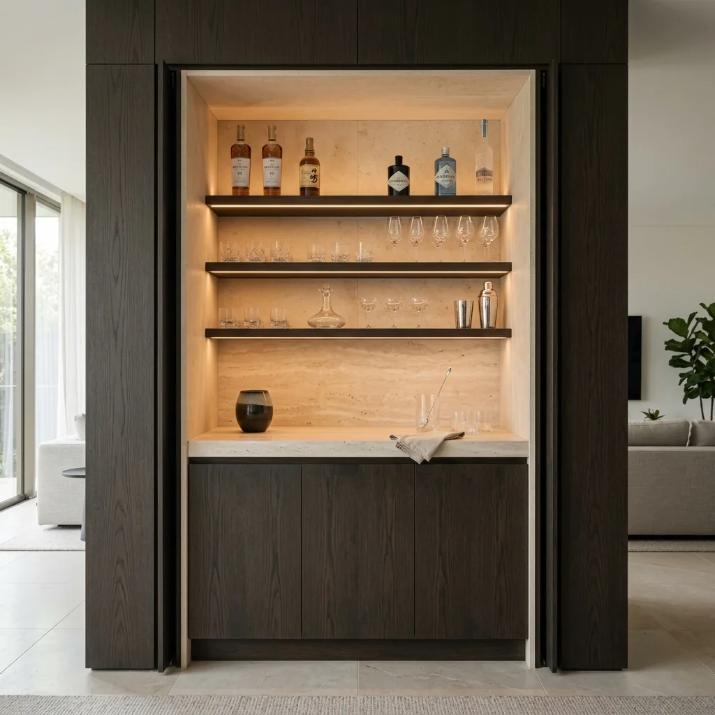 Bar integrado en encino ahumado con sistema pocket-fold abierto e interior en piedra honeada
