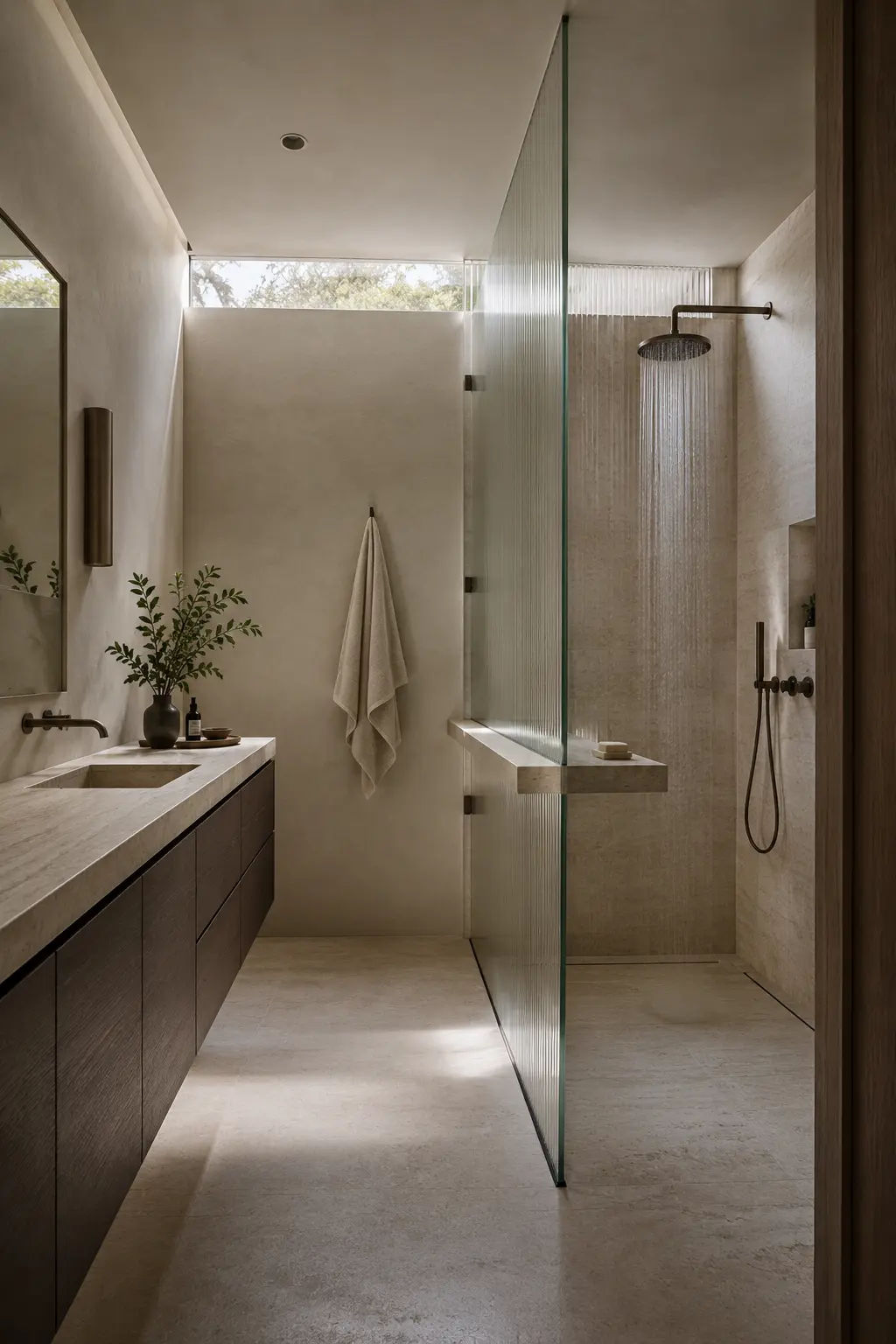 Baño con cancel sin marco, banca de piedra y lavabo volado de roble