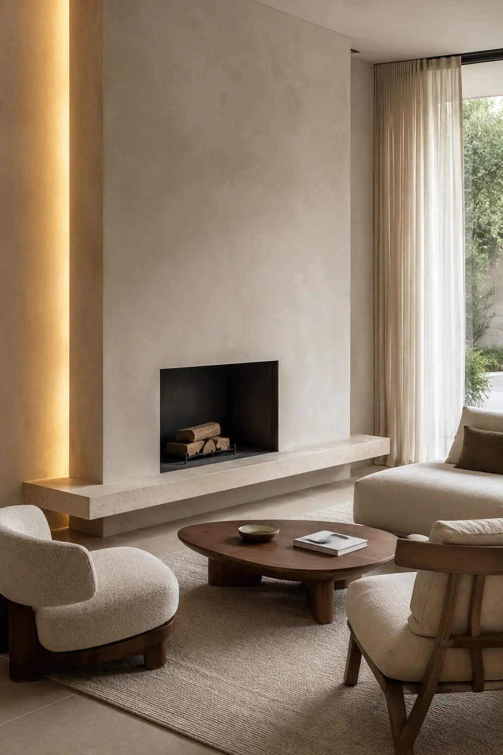 Sala en torno a chimenea de microcemento con repisa monolítica