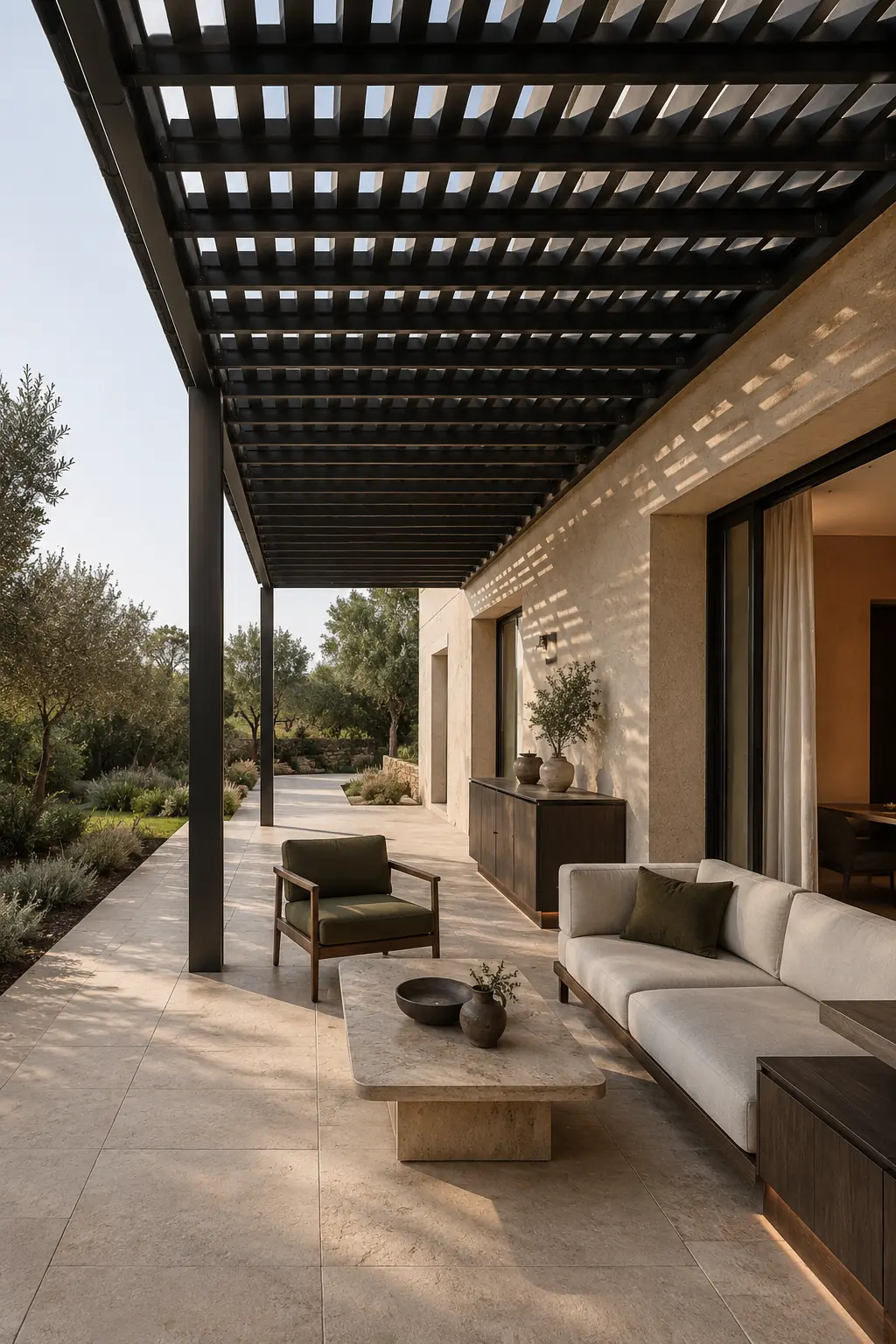Terraza cubierta con pergolado de lamas y mobiliario de exterior