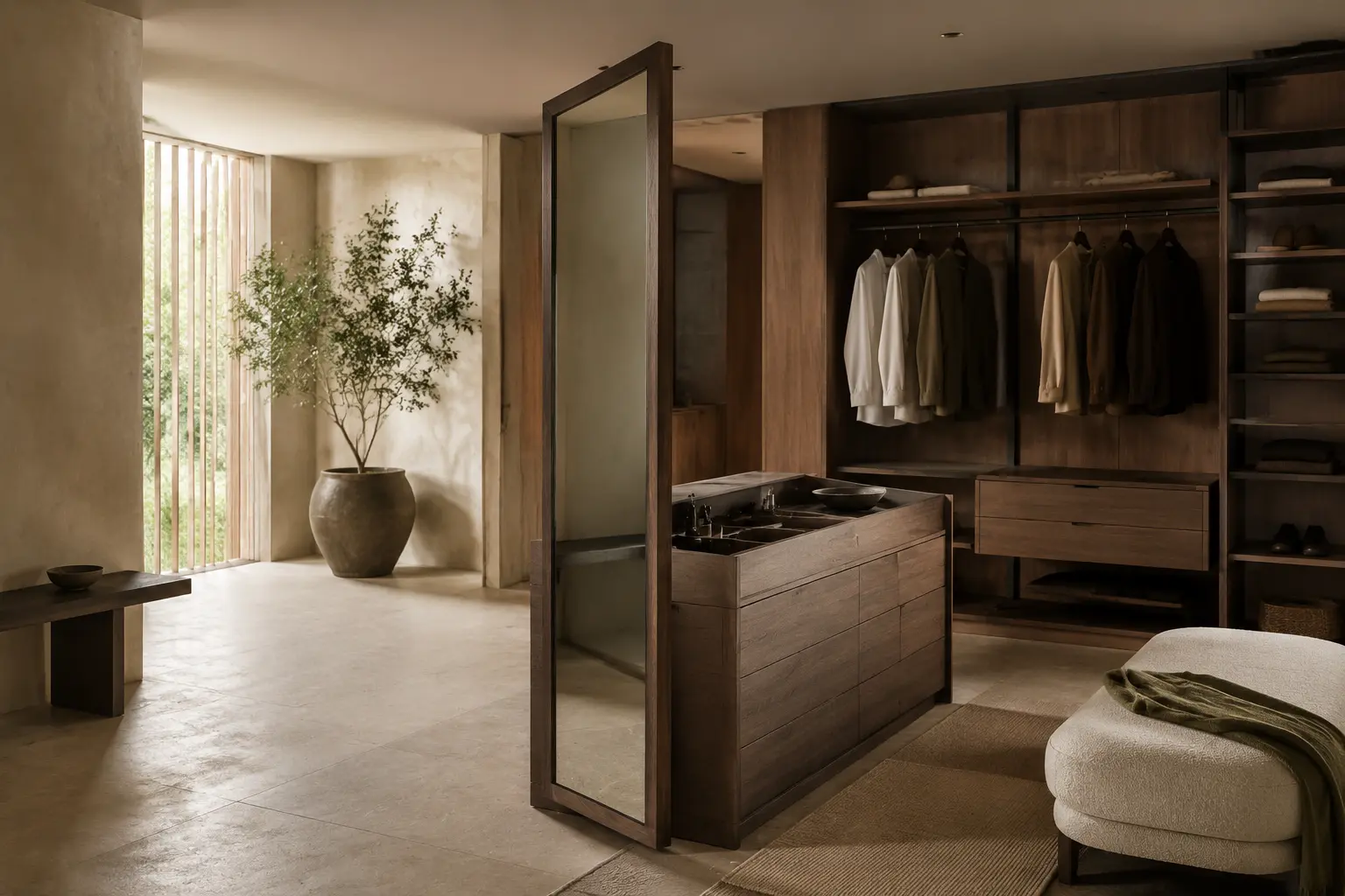 Vestidor con puerta pivotante de vidrio, isla cajonera y celosía de listones