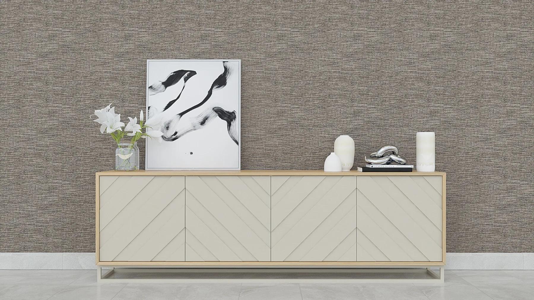 Credenza a medida con frente en espiga sobre muro texturizado