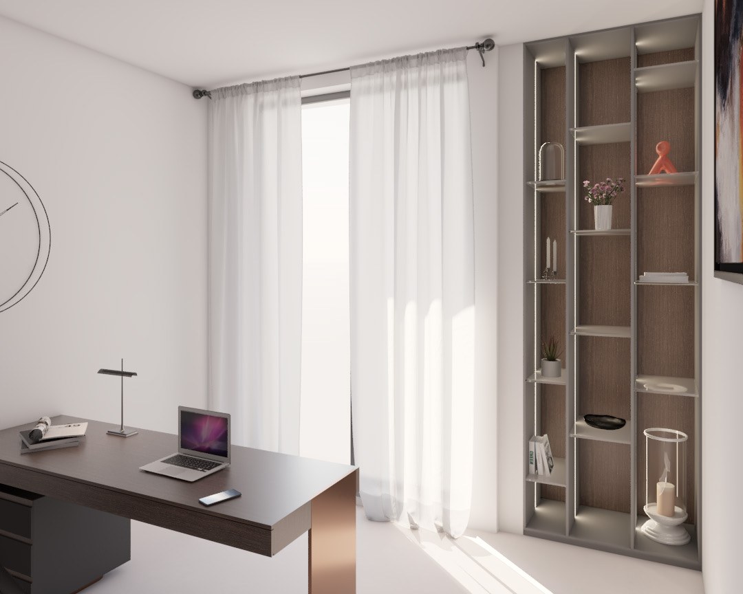 Estudio con escritorio y librería a medida junto a ventanal